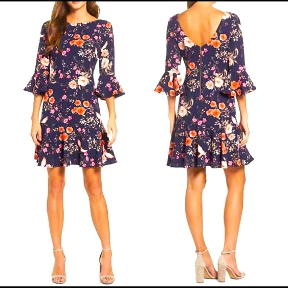 Eliza J Dresses & Skirts - NWT! Eliza J. Floral Navy Bell Sleeve Flounce Dress 12P